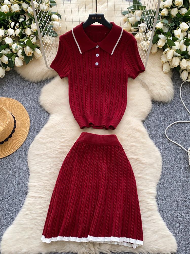 Fashion Knitted 2pc Two Pieces Suits Skinny Short Sleeves Polo Shirt+Short Skirt Drilled Women Simple Style Summer Sets