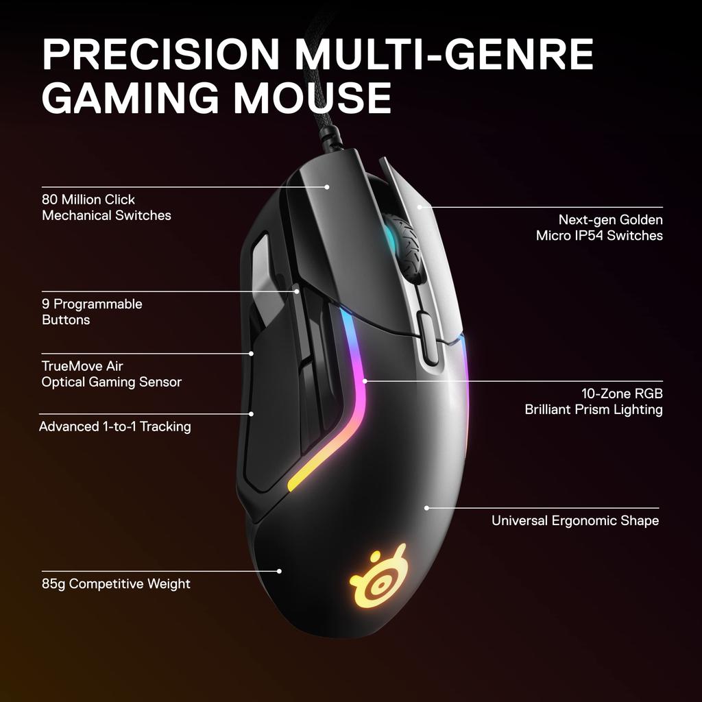 SteelSeries Rival 5 Gaming Mouse with PrismSync RGB Lighting and 9 Programmable Buttons Battle Royale CPI TrueMove Air Optical Sensor Black - FPS,