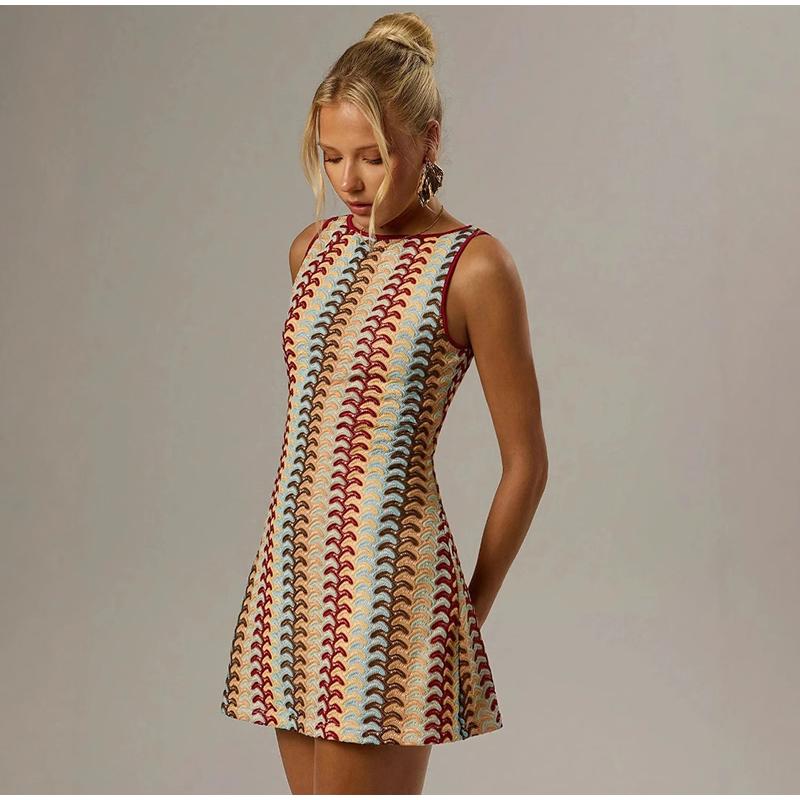 Summer New Style European and American Style Crocheted Floral Contrast Color Sleeveless Dress