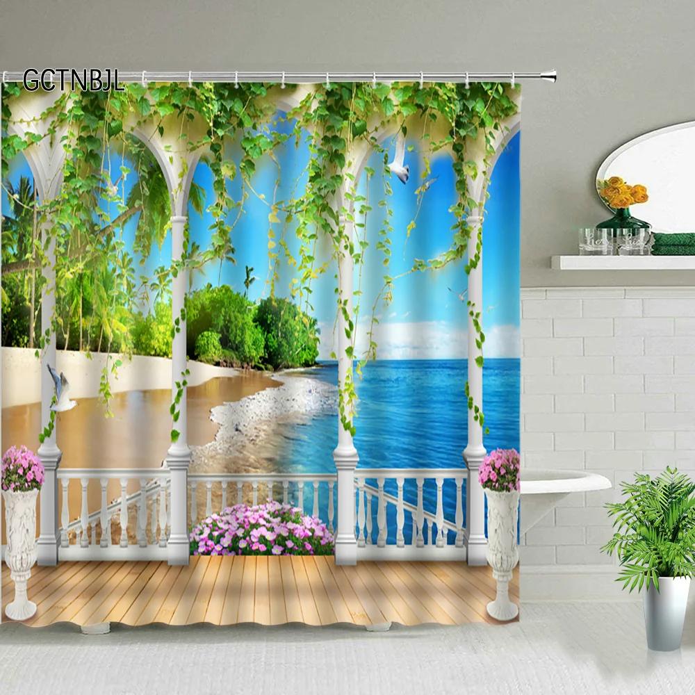 Ocean Scenery Shower Curtains Ldyllic Building Flower Plant Spring Landscape Bathroom Curtain Waterproof Fabric Bathtub Screen