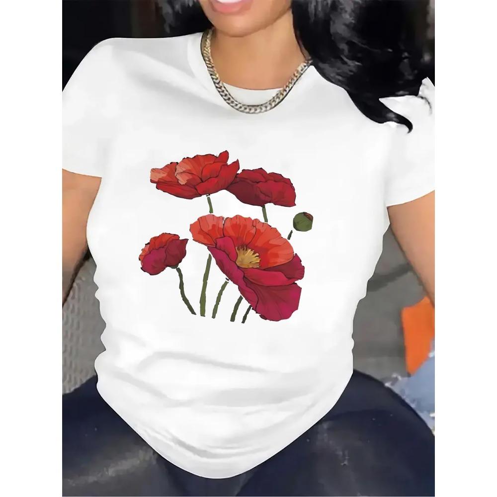 Short Sleeve T-Shirt with Red Poppy Flower Design Harajuku Sleeve Casual T-shirt Clothing Street Tops Tees Clothes