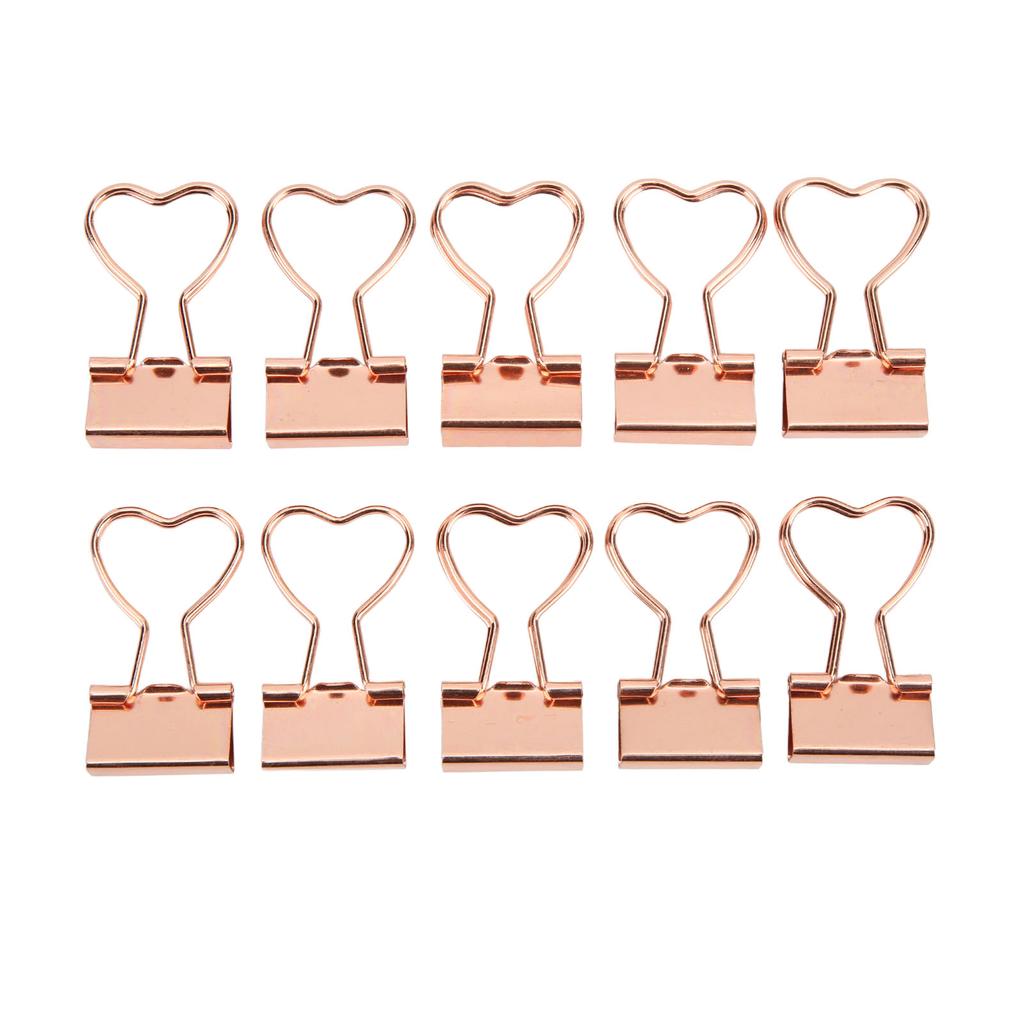 10Pcs Binder Clips Love Shape Rose Gold Clamping Force Tight Manganese Steel Sheet Material Paper Clips