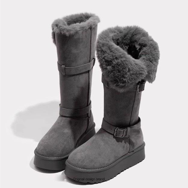 Gray Velvet Thickened-soled Long-tube Snow Boots for Women's 2025 Winter New High-tube Two-wear Foldable Thermal Cotton Shoes