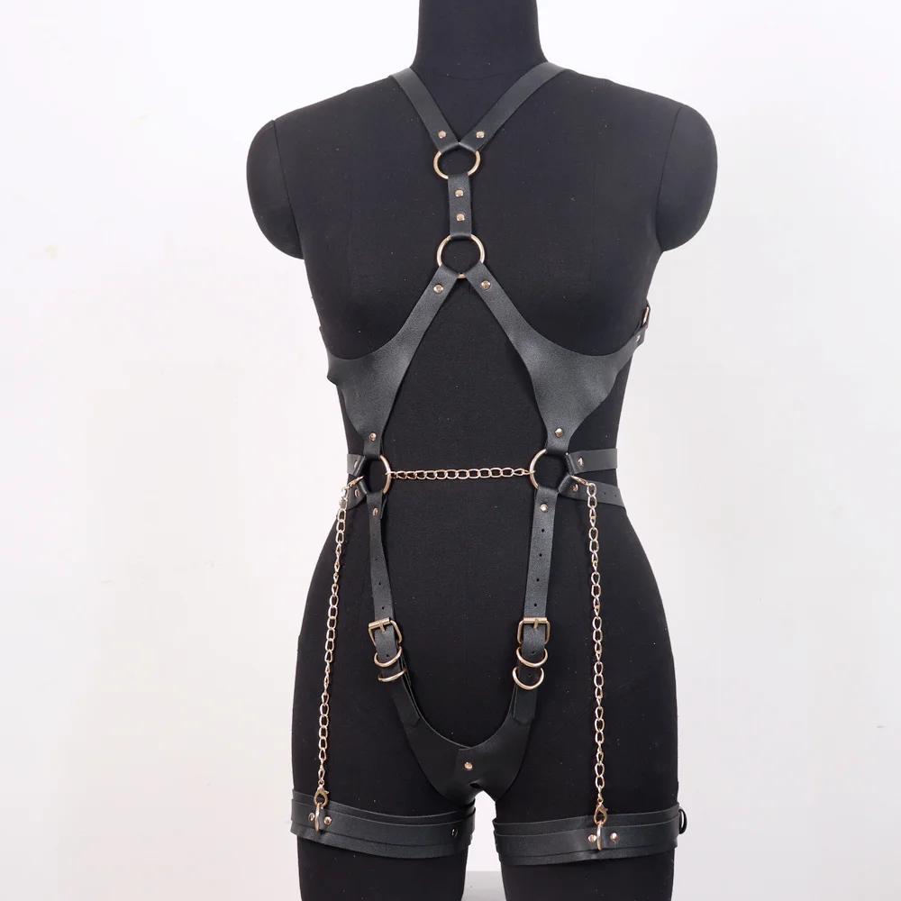 Harnais Sexy Lingerie pour Femmes Sangles de Bondage Corps Entier Harnais en Cuir Corset Cage Porte-jarretelles Bas Ceinture d'Épée Vêtements Gothiques