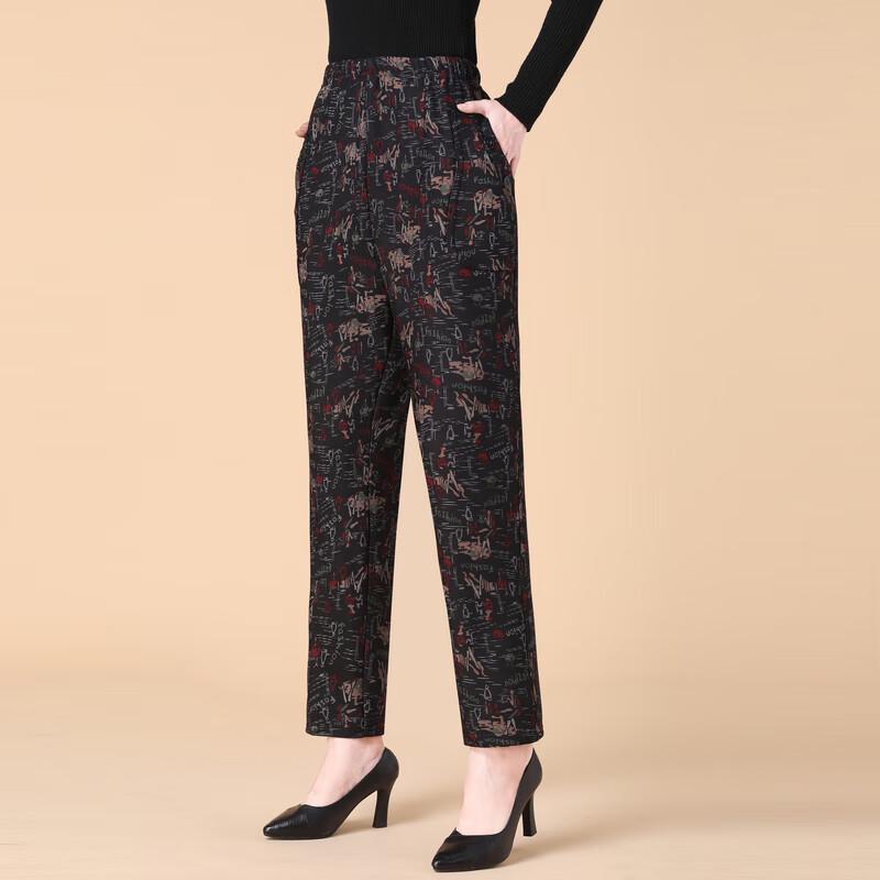 Xiao Fu Senior Women's High-Waisted Loose Floral Fleece-Lined Pants