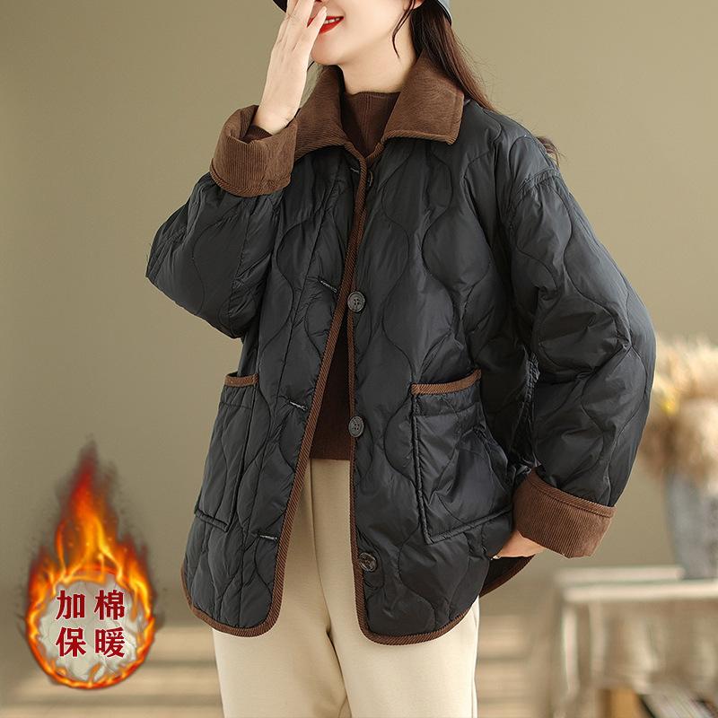 

Autumn and Winter Light and Thin Short Contrasting Color Lapel Diamond Grid Women s Jackets M чёрный