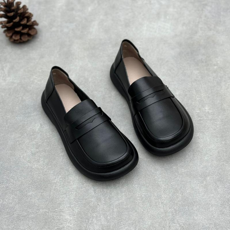 Johnature Handmade Genuine Leather Loafers Vintage Round Toe Flat Women's Slip-on Shoes