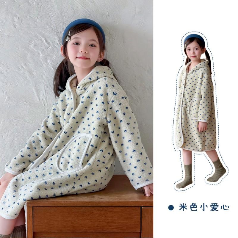 Kids Winter Warm Pajama Set Girls Boys Soft Plush Sleepwear With Hooded Robe Pants A-Class Safe Toddler Home Outfit