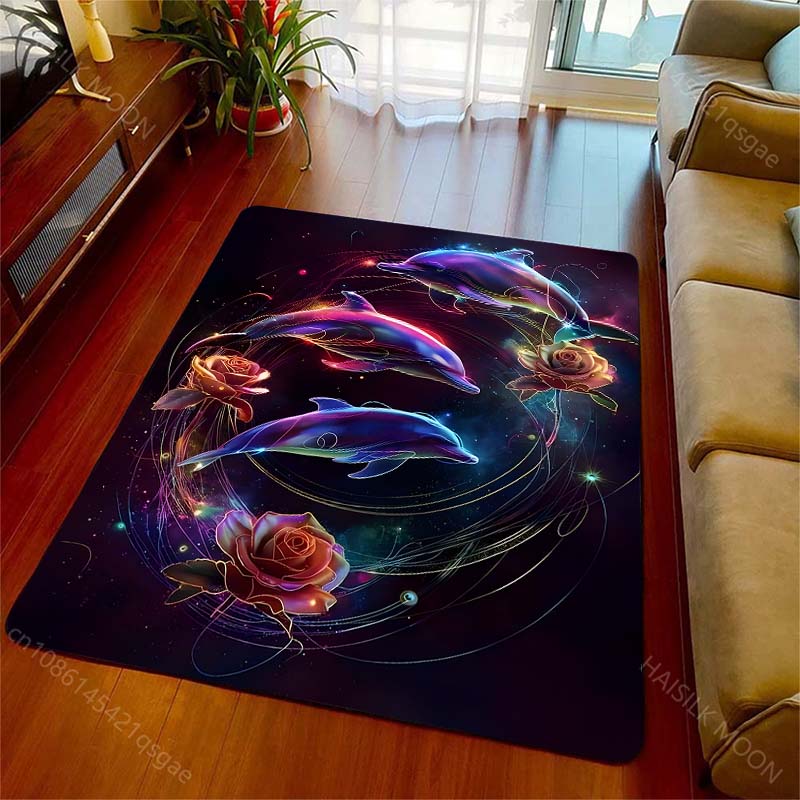 1PC Glowing dolphins and roses Print Carpet Rug for Living Room Bedroom Sofa Doormat Home Decor Non-slip Floor Mat