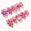 24pcs Wearable Press On Nails Strawberry Bow Design Nails Tips Red Short Almond Pearl Starlight Fake Nail Art Flower False Nails
