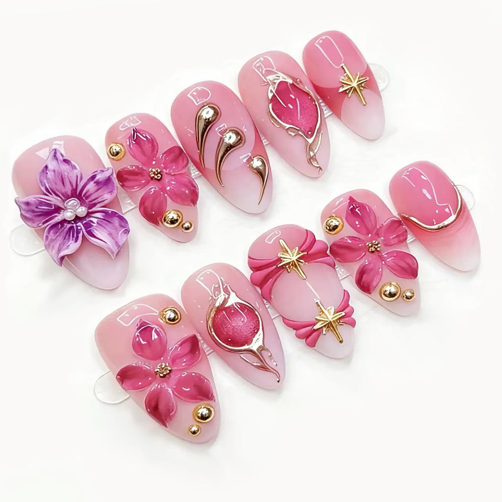 24pcs Wearable Press On Nails Strawberry Bow Design Nails Tips Red Short Almond Pearl Starlight Fake Nail Art Flower False Nails