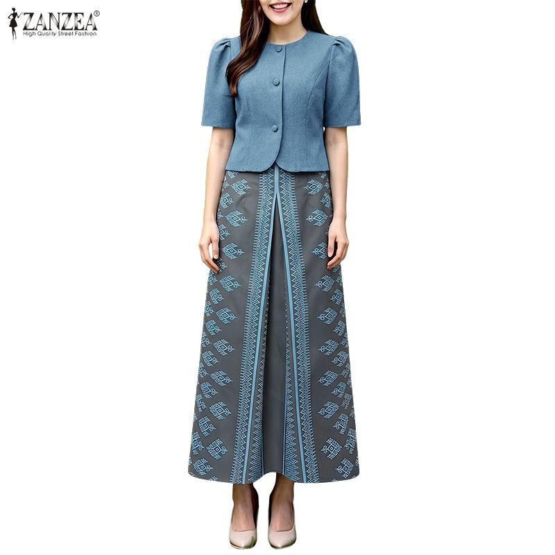 ZANZEA Women Short Sleeve Blouse and Print Long Skirts Two Piece Suit Sets