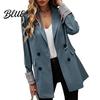 Suit Jacket Women Coat Lapel Long Sleeve Striped Cuffs with Double Breasted Business Outwear Flap Pockets Solid Color Loose Fit