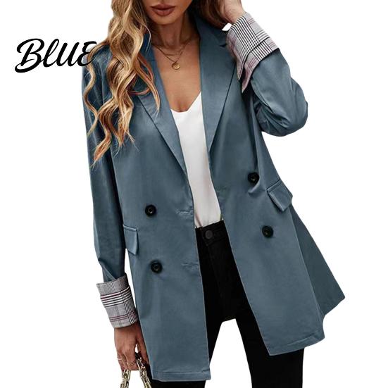 Suit Jacket Women Coat Lapel Long Sleeve Striped Cuffs with Double Breasted Business Outwear Flap Pockets Solid Color Loose Fit