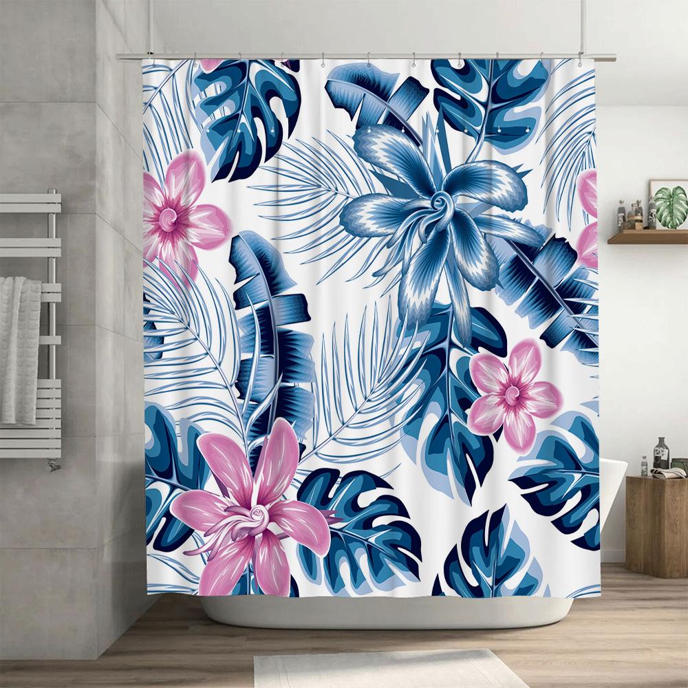 Blue Floral Shower Curtain: Tropical Leaves Flowers Design for Bathroom Decor Water-Resistant Fabric with Hook Rings (180x240cm)