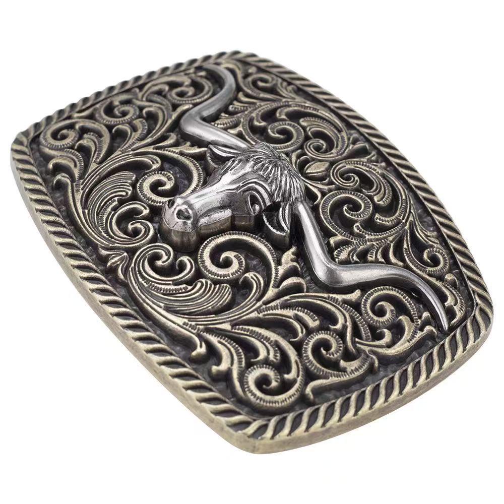 Lycoris Retro Western Cowboy Bull Head Leather Belt Buckle, 4.0cm, Smooth Square Design.