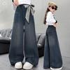 Girls' High-Waisted Wide-Leg Jeans - Deep Blue Multi-Pocket Slimming Pants for Older Children
