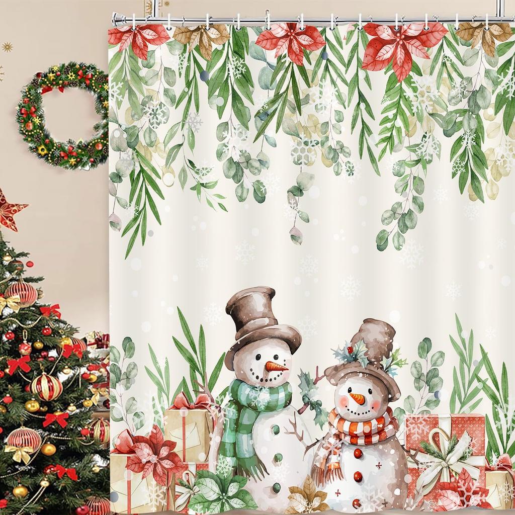 Winter Christmas Shower Curtain,Holiday Blue Snowman Bath Curtain Xmas Gift,Eucalyptus Leaf Flower Floral Bathroom Accessories