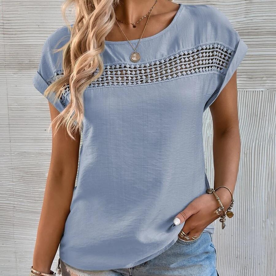Women's Fashion Summer Spring Casual Solid Color Print Short Sleeve O Neck Blouses & Shirts