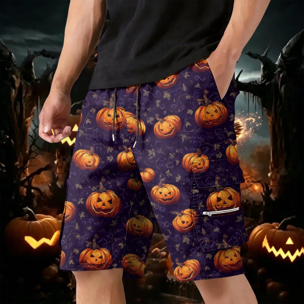 Men Drawstring Multi Pocket Cargo Shorts with Halloween Pumpkin and Bat Print Loose Fit Comfortable Design for Daily Wear