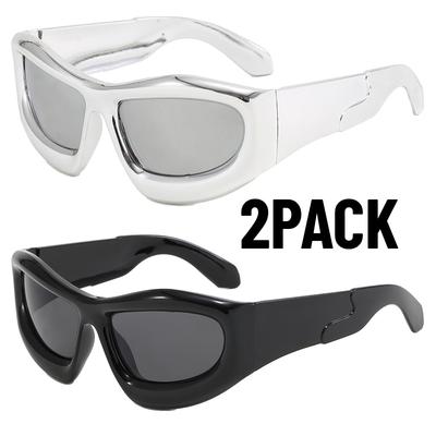 2PACK Trendy Men Cycling Climbing Glasses UV400 Protection High-end Silver Sunglasses Fashionable Square Frame