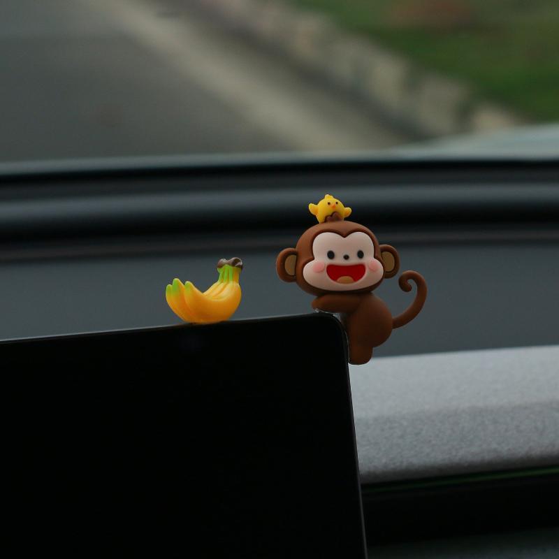 Cartoon Mini Monkey Car Ornament with Banana Waterproof Cute Car Interior Dashboard Decoration for All Vehicles