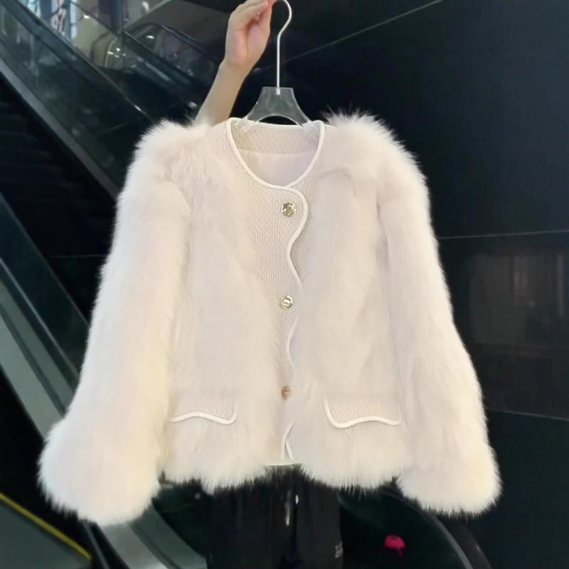 Women's Pink Faux Fur Cropped Jacket Knit Panel Button-Down Winter Coat