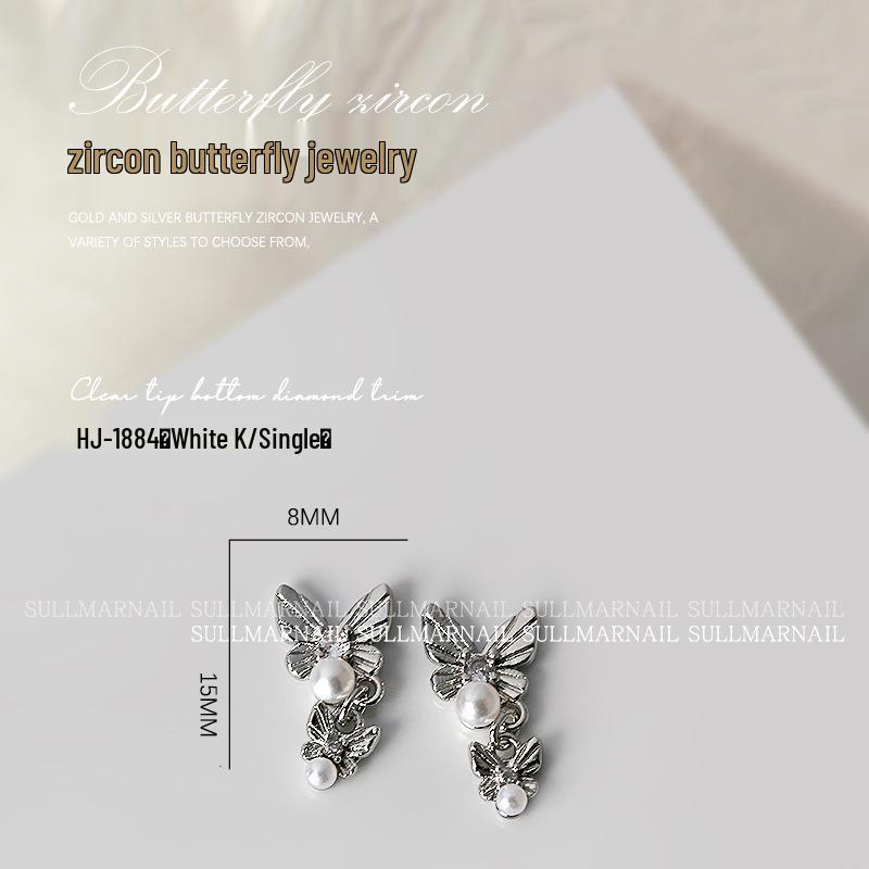 Butterfly Zircon Nail Art Jewelry: Pearl, Ribbon, Gold & Silver Pendant