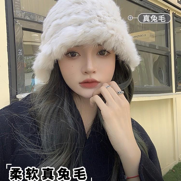 Real rabbit fur white plush hat female autumn and winter warm face small ear protection wool hat fur knitted bucket hat
