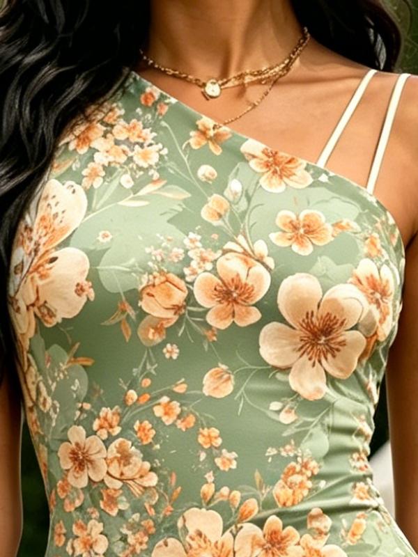 Light Green Beige Floral Print One Shoulder Spaghetti Strap Bodycon Midi Dress Beach Vacation Party Dress