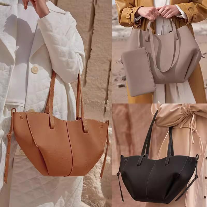 Spring New Lychee Pattern Women's Tote Bag Fashion Simple High Capacity Dumpling Bucket Bag Ladies Solid Color Shoulder Underarm Bags with Small Pouch