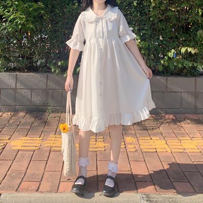 Rochie albă de vară în stil japonez Lolita pentru femei, rochie largi cu talie înaltă, guler Peter Pan, rochie cu mâneci evazate de petrecere, drăguță, Kawaii