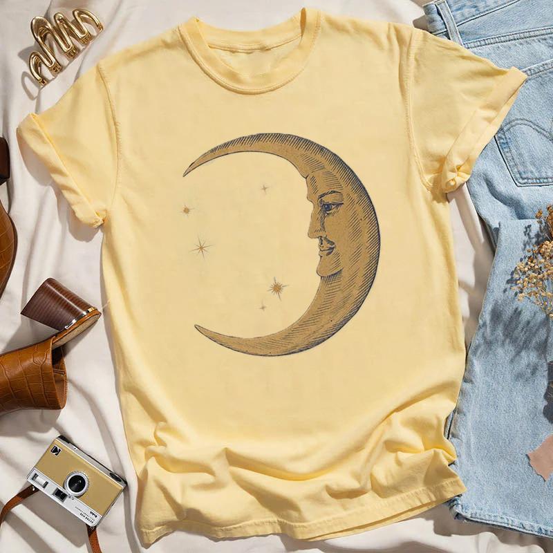 Women Retro Loose Short Sleeve Top Boho Moon Print Shirt Comfort 100 Cotton Crewneck Tshirt Casual Daily Fashion Streetwear