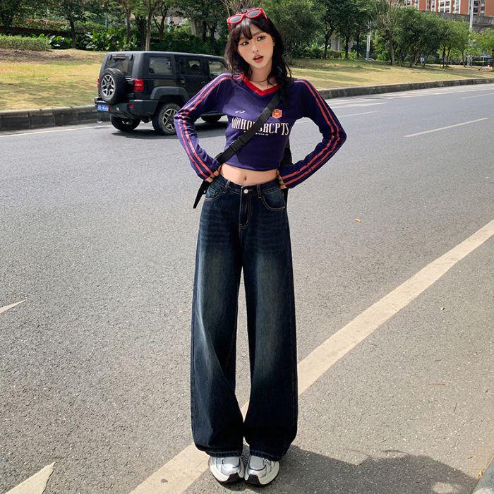 2025 Spring New Blue-Gray Women s Retro Loose Wide-Leg Drapey Floor-Length Denim Jeans Large
