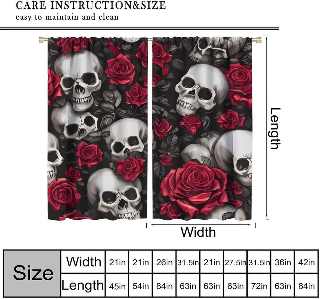 Vintage Skull Curtains Rose Flowers Wildflowers Halloween Theme Scary Curtain Bedroom Living Room Home With Rod Pocket Polyester Ideal For Sitting