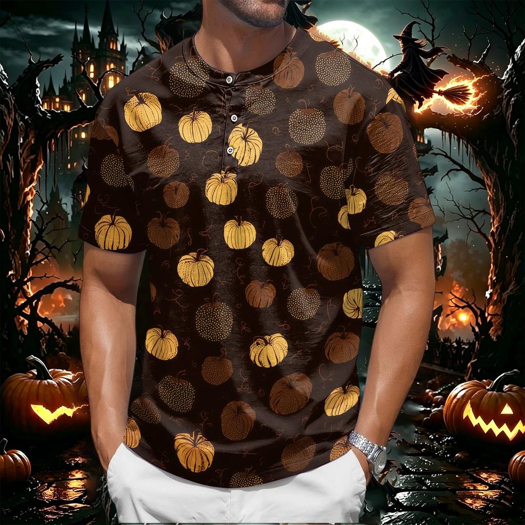 Men's Halloween Print Short Sleeve Henley Shirt Casual Round Neck Tee with Button Detail Suitable for Seasonal Wear