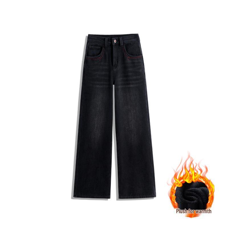 Winter-Ready: Retro Black Wide-Leg Fleece Denim Pants 2026 - Warm & Versatile S