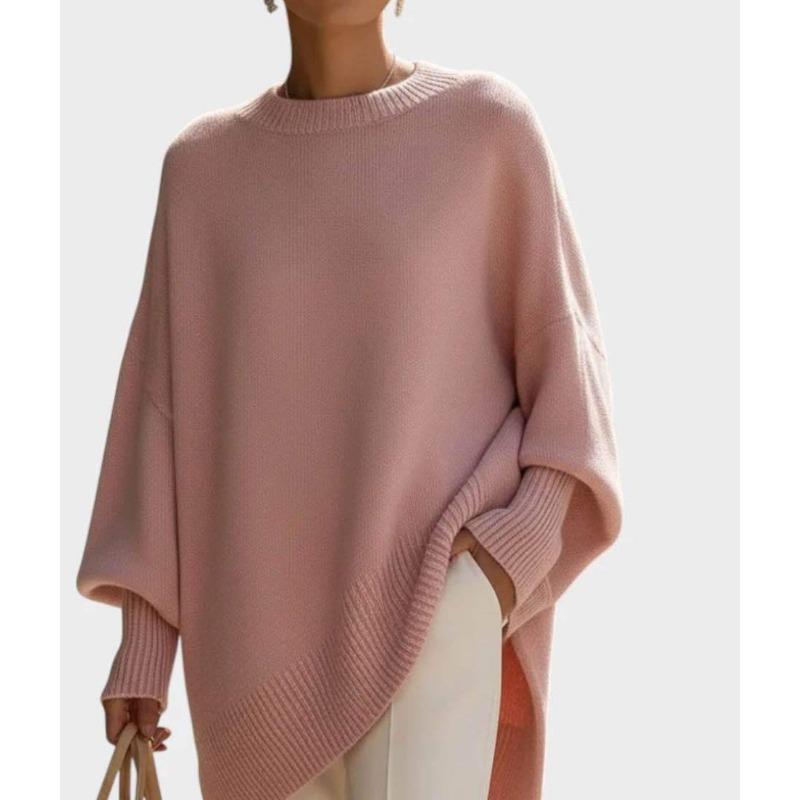 VEZFAA Women's Fashion Casual Fall Winter Solid Color Print Long Sleeve O-Neck Sweaters