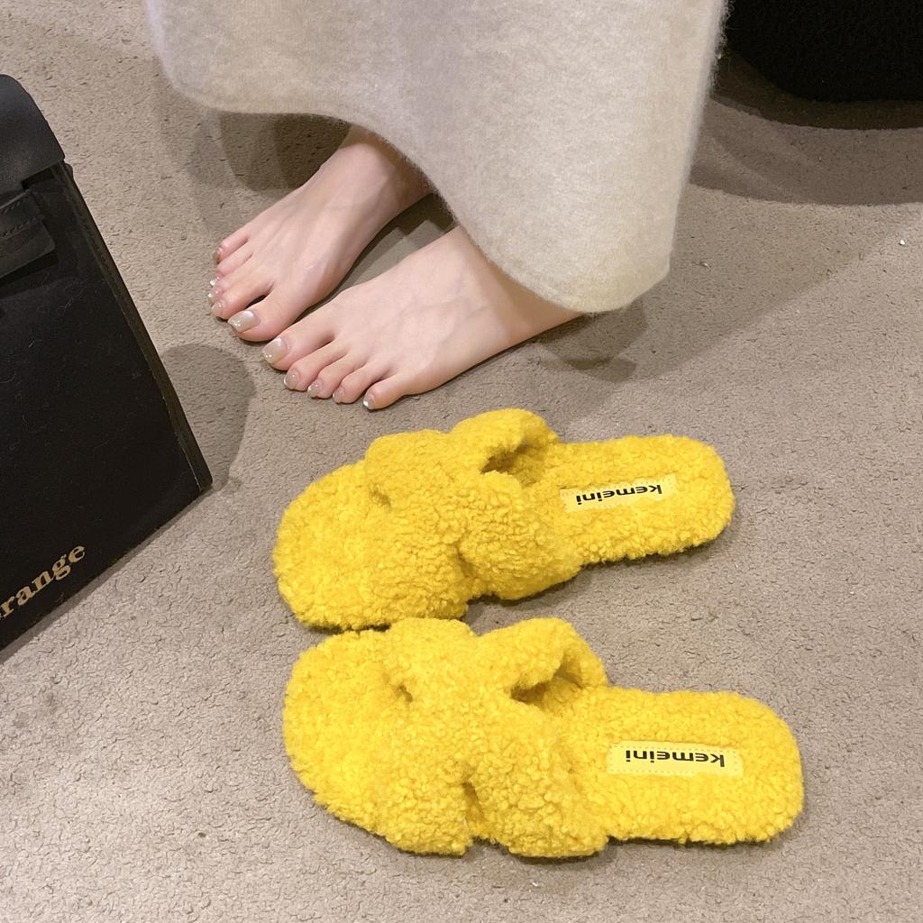 Large Size Women's Shoes 41-43 Fat Feet Small Fragrant Flat-bottomed Fluffy Slippers Women's Autumn and Winter Wear Comfortable Soft Sole One-word Cot