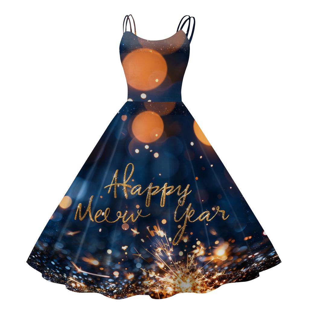 Women's New Year Printed Casual Fashion Round Neck Midi Dress