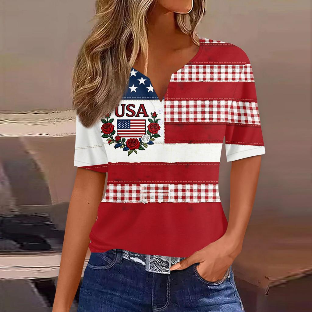 Women's Fashion Casual Independence Day Print V-Neck Short Sleeve Button-Up T-Shirt Top