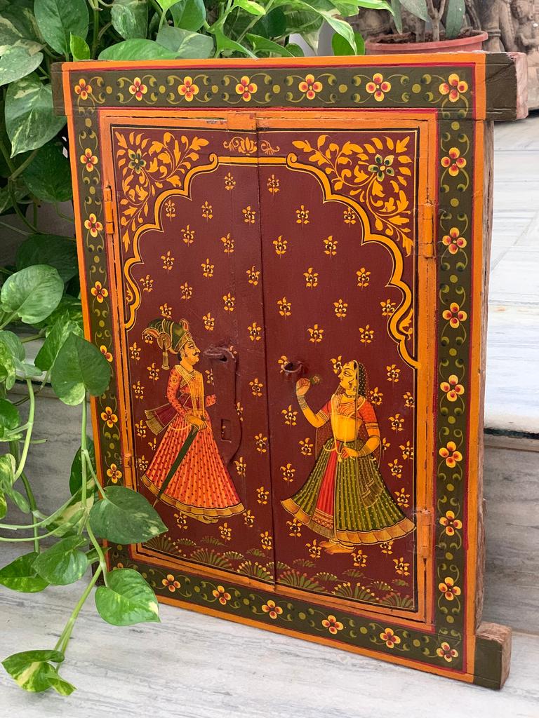 Handmade Antique Jharokha Window: Royal Couple Painting, Indian Festival Decor