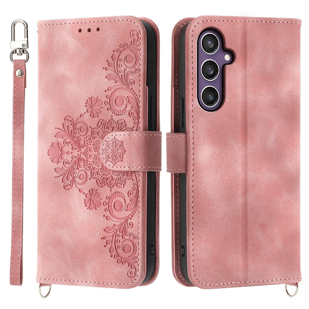 For Samsung Galaxy S25 Case Flower Pattern PU Leather Wallet Phone Cover with Strap