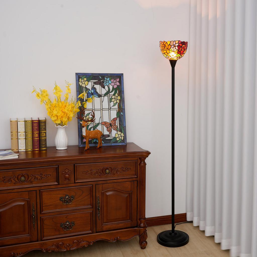 Stained Glass Torchiere Floor Lamp Industrial Style Standing Corner Light Antique Handcrafted Pole Floor Reading Uplight Lamp
