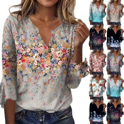 Women's Fashion Top  Casual  V-neck Printed Blouses Bell 3/4 Sleeve T-shirt