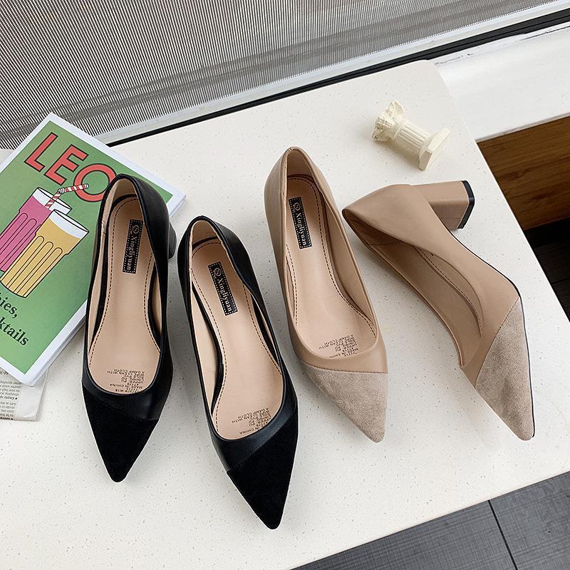 New Women's Pointed Toe Thick Heel Professional Shoes Shallow Mouth Medium Heel Non-tiring Fashion Shoes