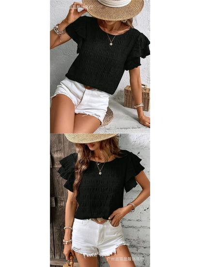 Women's Summer Double-layer Ruffled Sleeve Round Neck Pullover T-shirt