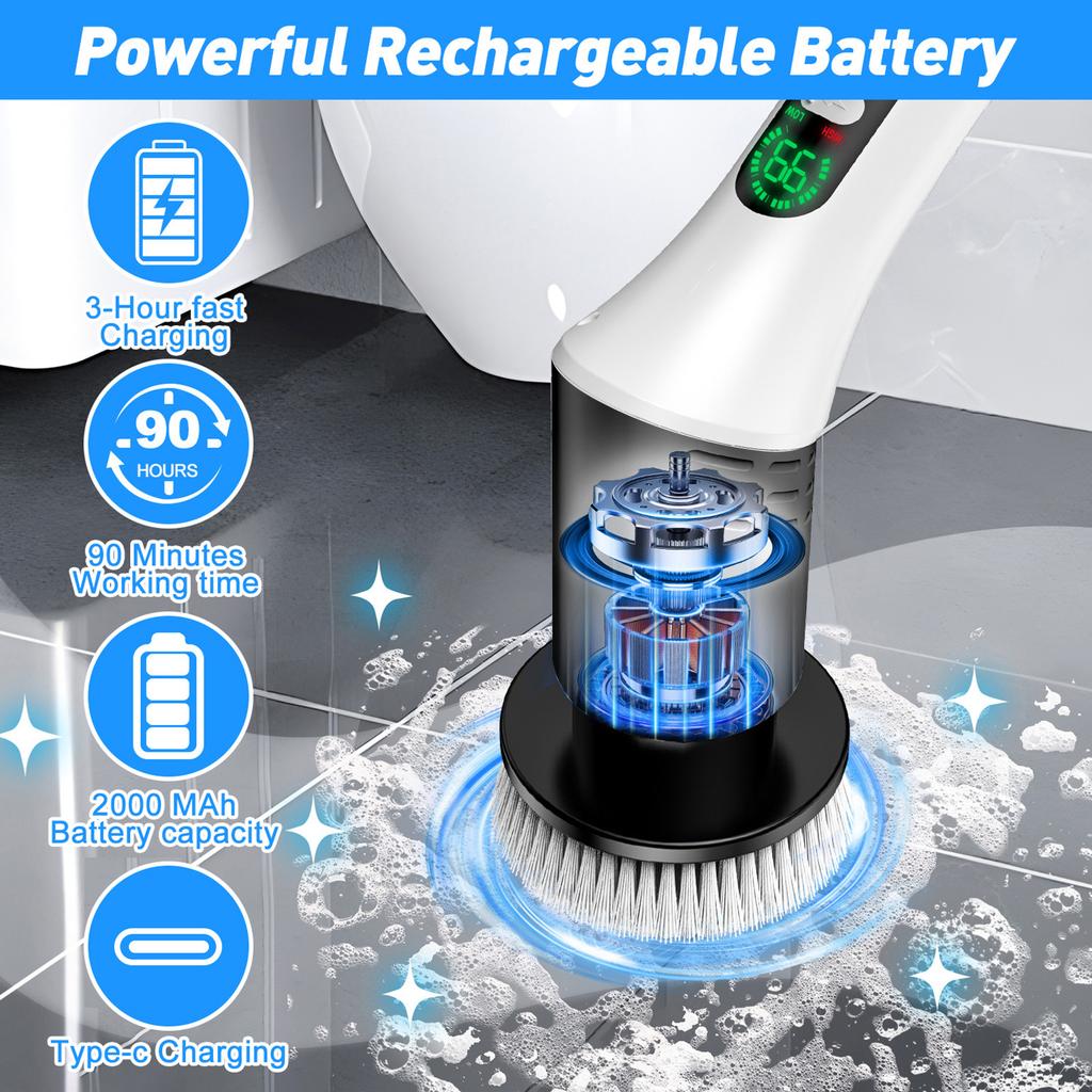 Electric Cleaning Brush Kit Multifunctional Handheld Cordless Scrubber for Kitchen Bathroom Digital Display Black White