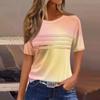 Women's Pleated Round Neck Gradient Print Short Sleeve T-shirt Hem Slit Top
