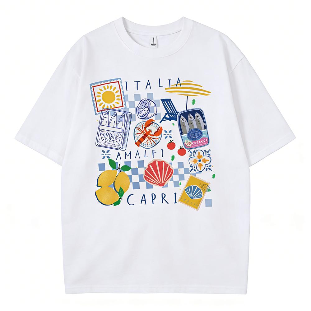 

Capri Italia Graphic Tshirt Retro Funny Seafood Vacation Shirt Short Sleeve Crew Neck Casual Top Womens Clothing Oversized S